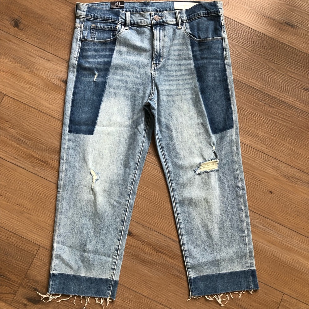 Treasure&Bond Distressed Two-Tone cropped Denim Jeans